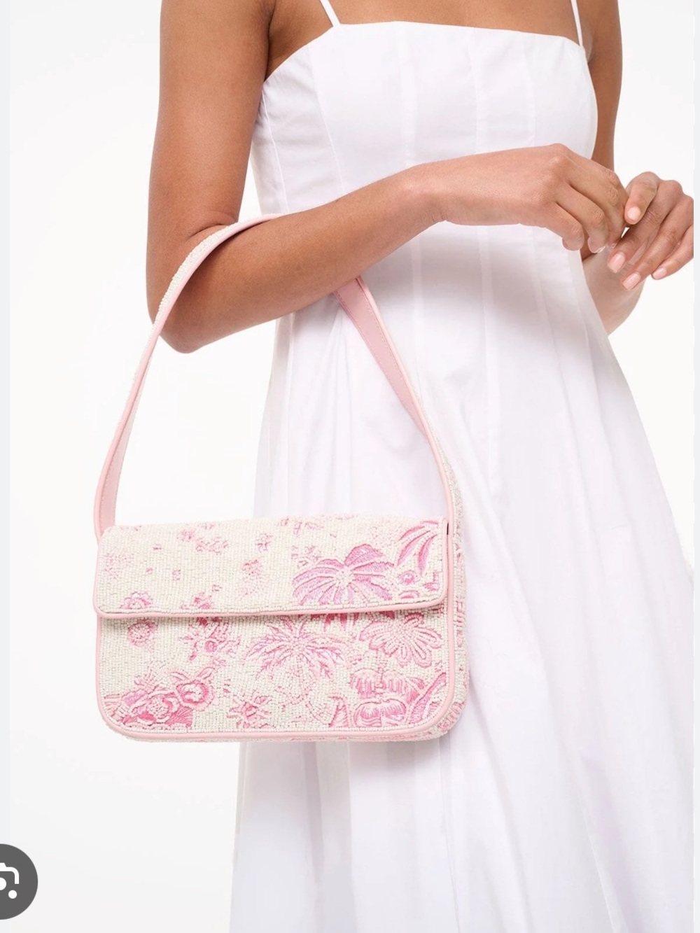 LIKE NEW STAUD Tommy Beaded Bag, Cherry Blossom Ivory Toile - Picture 2 of 10